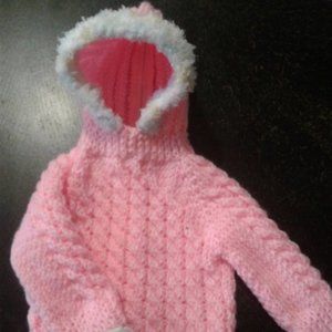 Hand Crafted Knit Hooded Baby Back Zipper Sweater Winter Spring Fall Hoodie Pink